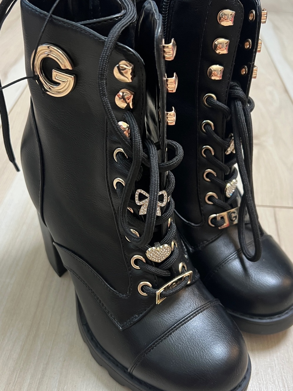 GBG Los Angeles Black Lace-Up Platform Boots with Gold Hardware